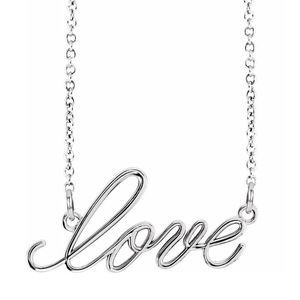 14K White Gold Small Love Script Necklace, 16 Inch